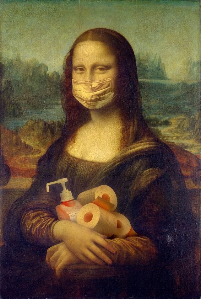 Mona Lisa with mask, hand sanitiser and toilet paper